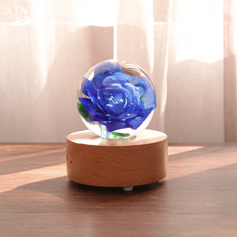 XINTOU 80mm Crystal Glass Ball Rose Artificial Flower Globe Wooden Bluetooth Music Box Base Wedding Decoration Accessories Gifts | Дом и сад
