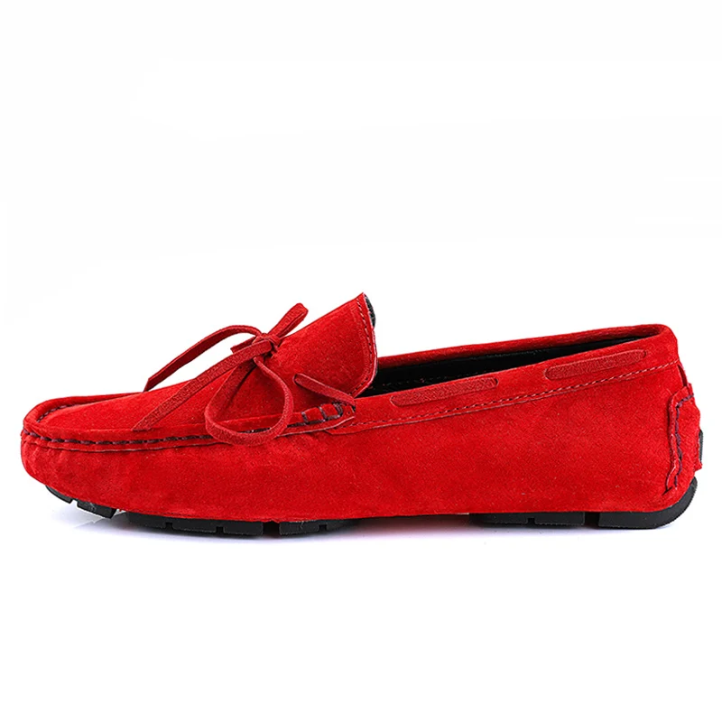 Red ALCUBIEREE New Arrived Fashion Solid Loafers Men Bowtie Lazy Shoes Suede Leather Moccasins Comfort Handmade Boat Smoking Shoes - Цвет: Red