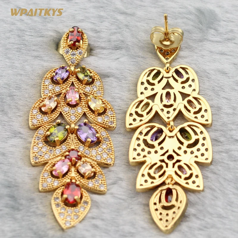 WPAITKYS Long Earrings for Women wedding Multicolor Cubic Zirconia Gold Color Earring Fashion Jewelry Free Gift Box | Украшения и