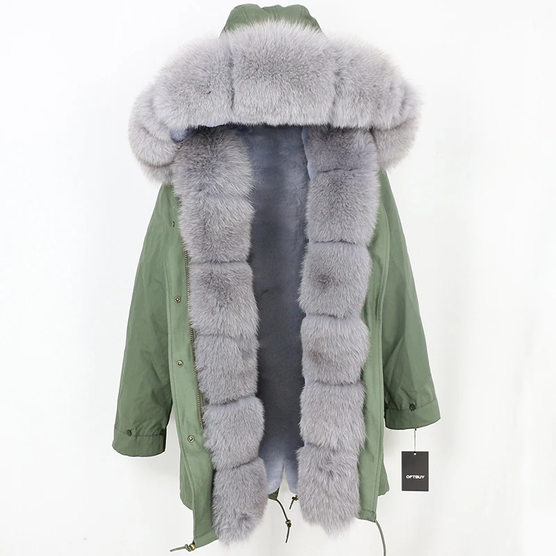 green grey OFTBUY шуба из натурального Лисьего меха, зимняя женская длинная парка, капюшон из натурального Лисьего меха, брендовые парки, Толстая теплая уличная одежда со съемным капюшоном - Цвет: green grey