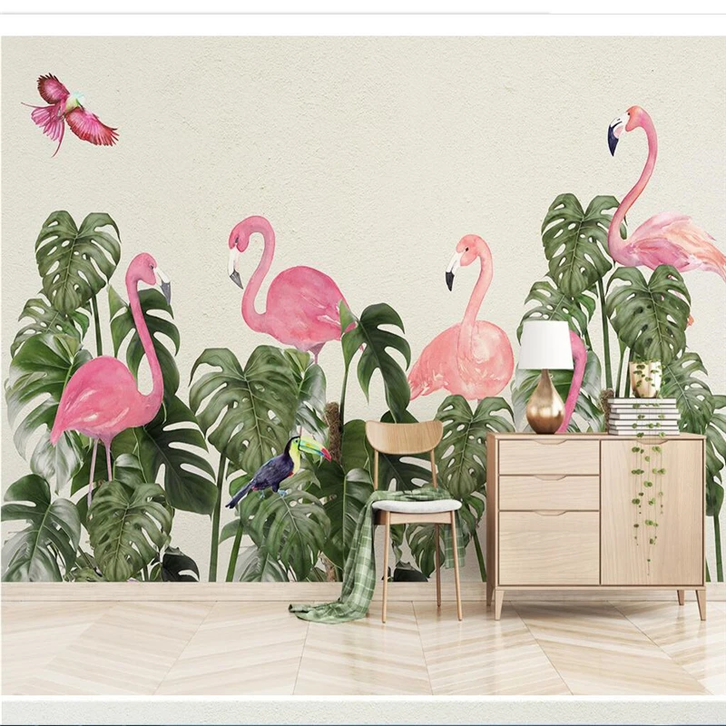 

beibehang Wallpaper Custom Mural Wallpaper Nordic Small Fresh Flamingo Turtle Leaves Living room Bedroom Wall Papel de parede