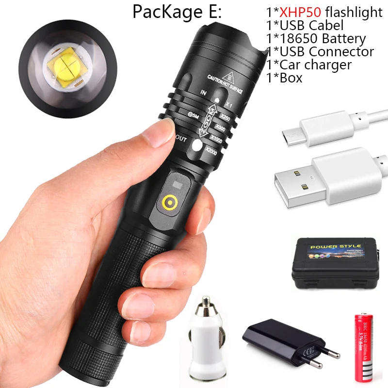 E 60000LM мощный светодиодный фонарик XHP50, фонарик с usb-зарядкой, светодиодный фонарь lanter, 1*18650 Аккумулятор для кемпинга, велосипедная лампа - Испускаемый цвет: E