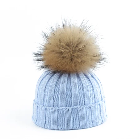 Большой Мех Pom pom Beanie шапки дети девочки мальчики теплая вязаная зимняя детская шапка настоящий енот шапка с меховым помпоном - Цвет: Небесно-голубой