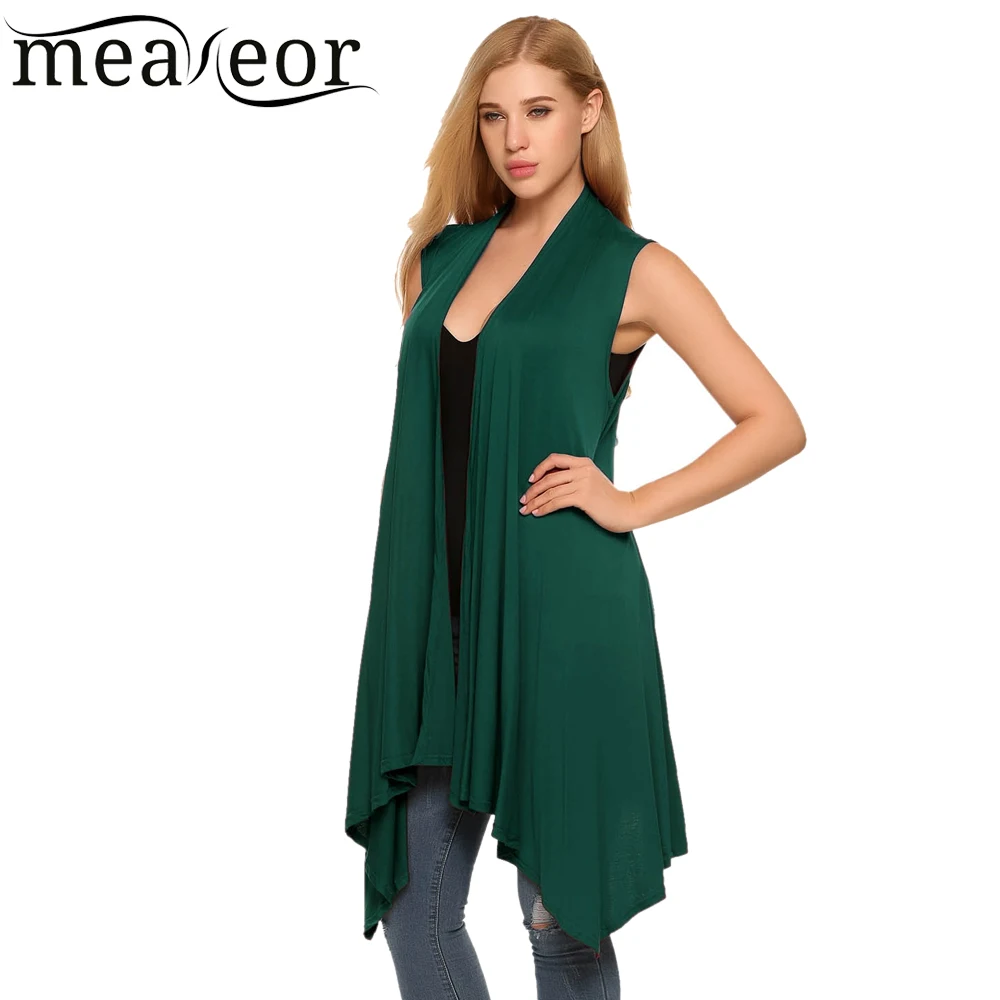 Meaneor Women Vest Sleeveless Cardigan Casual Draped Asymetric Hem Open Front Solid Black Feminino Long Sweater Coat |