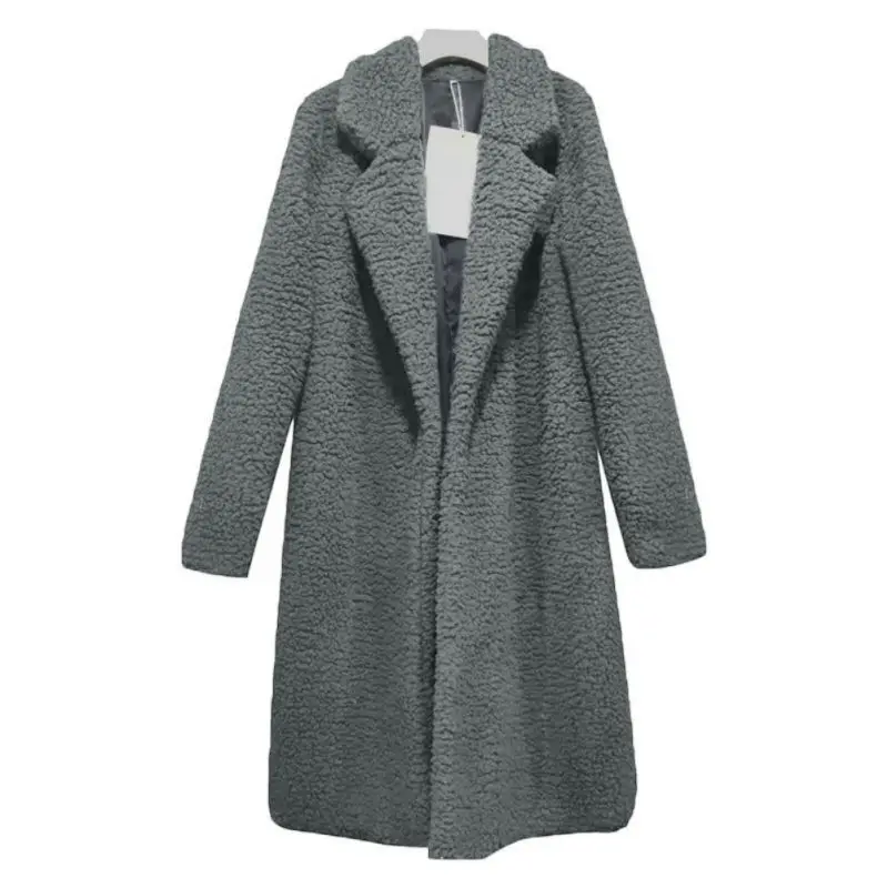 Женское свободное плотное шерстяное пальто из искусственной овечьей шерсти с длинным рукавом и отложным воротником зимняя женская теплая длинная верхняя одежда - Цвет: Темно-серый