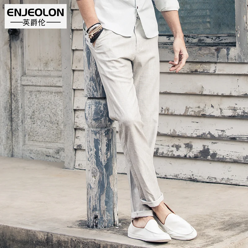 Фото Мужские длинные льняные брюки Enjeolon повседневные облегающие прямые на завязках