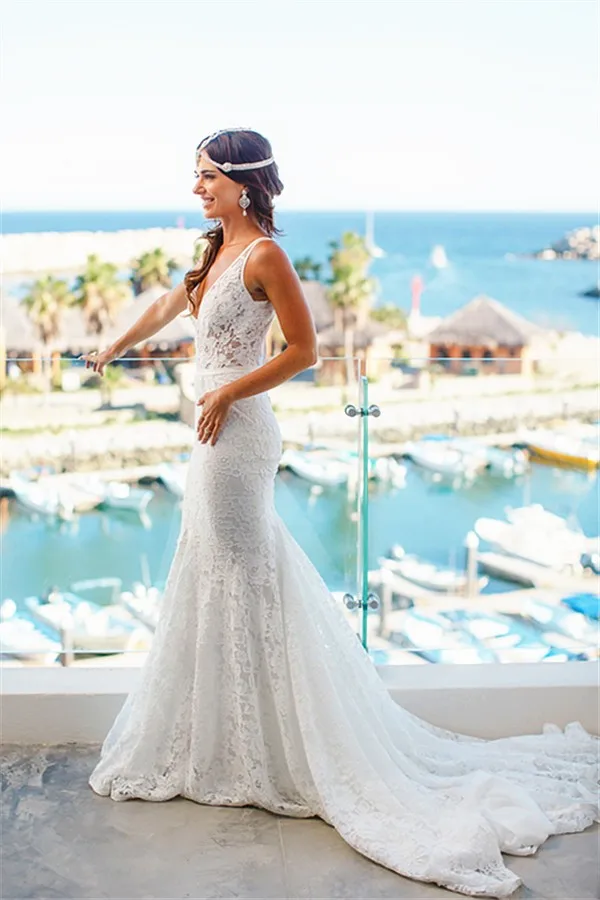 Deep V-Neck Boho Beach Wedding Dresses Mermaid Lace Summer Dress Bohemian Open Back Bridal Gowns | Свадьбы и торжества