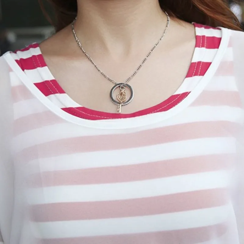 2014 new design Chiffon blouse stripe summer dress fashion Two-piece big size casual girl's free shipping | Женская одежда