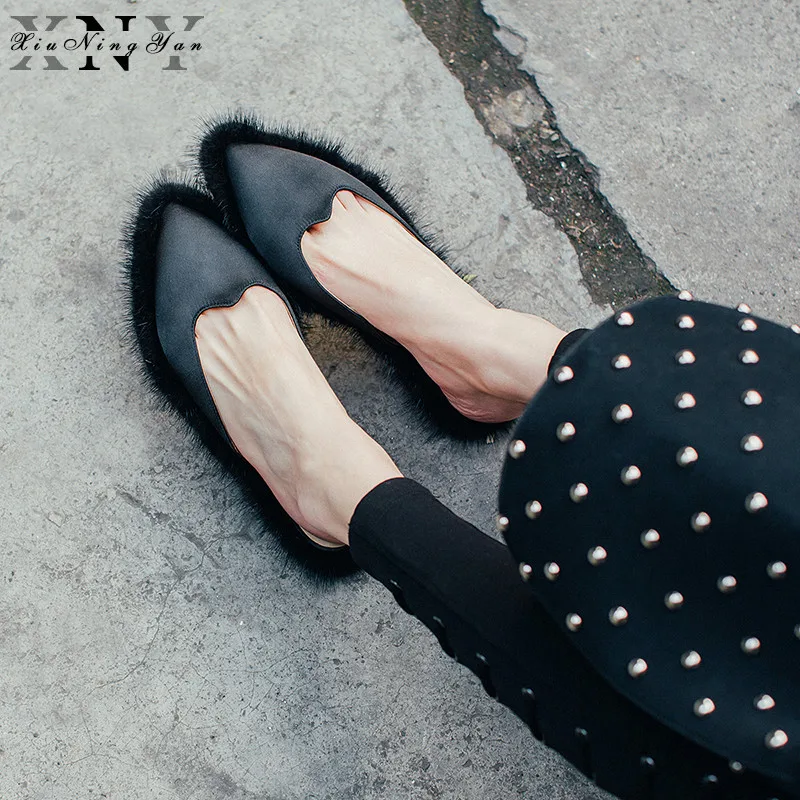 Женские меховые шлепанцы сандалии атласные тапочки плюшевые теплые домашние из