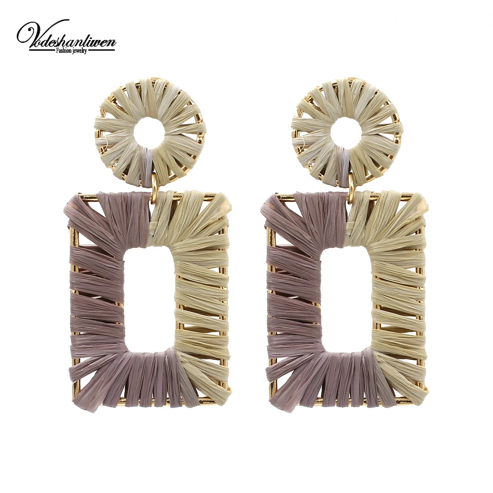 Vodeshanliwen Trendy Handmade Straw Rope Knit Statement Earrings For Women Big Square Korean 2019 Jewelry accessory | Украшения и