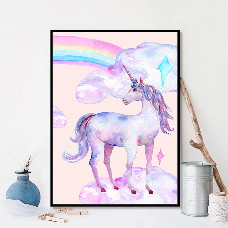 Nordic Kawaii 2PCS Cute Pink Princess Rainbow Series Cartoon Canvas Painting Art Print Poster Picture Children Bedroom Home Deco | Дом и сад