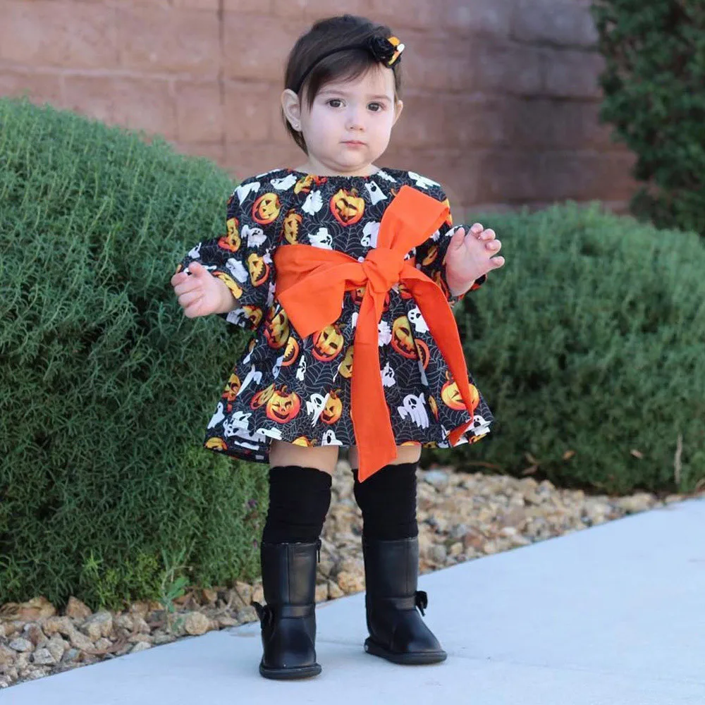 Toddler Infant Baby Girls Dresses Pumpkin Ghost Print Halloween Costume Outfits girls dress vestidos Dropshipping | Детская одежда и