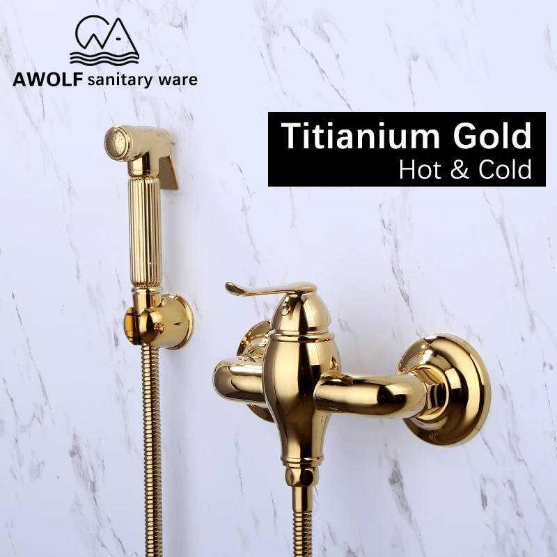 

Douche Kit Solid Brass Hand Held Bidet Sprayer Titianium Gold Hot And Cold Mixer Valve Toilet Shattaf Shower Faucet Set AP2187