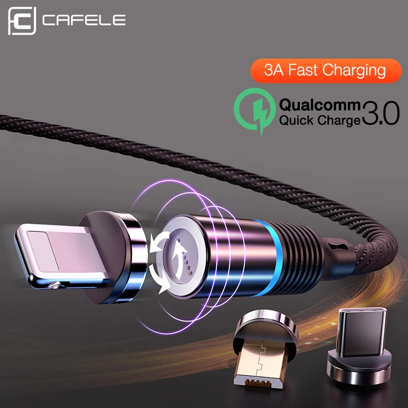 CAFELE Магнитный Micro USB кабель для iPhone светодиодный QC3.0 Тип C плетеный кабель зарядное устройство для samsung Xiaomi huawei 1 м 3 А Быстрая зарядка
