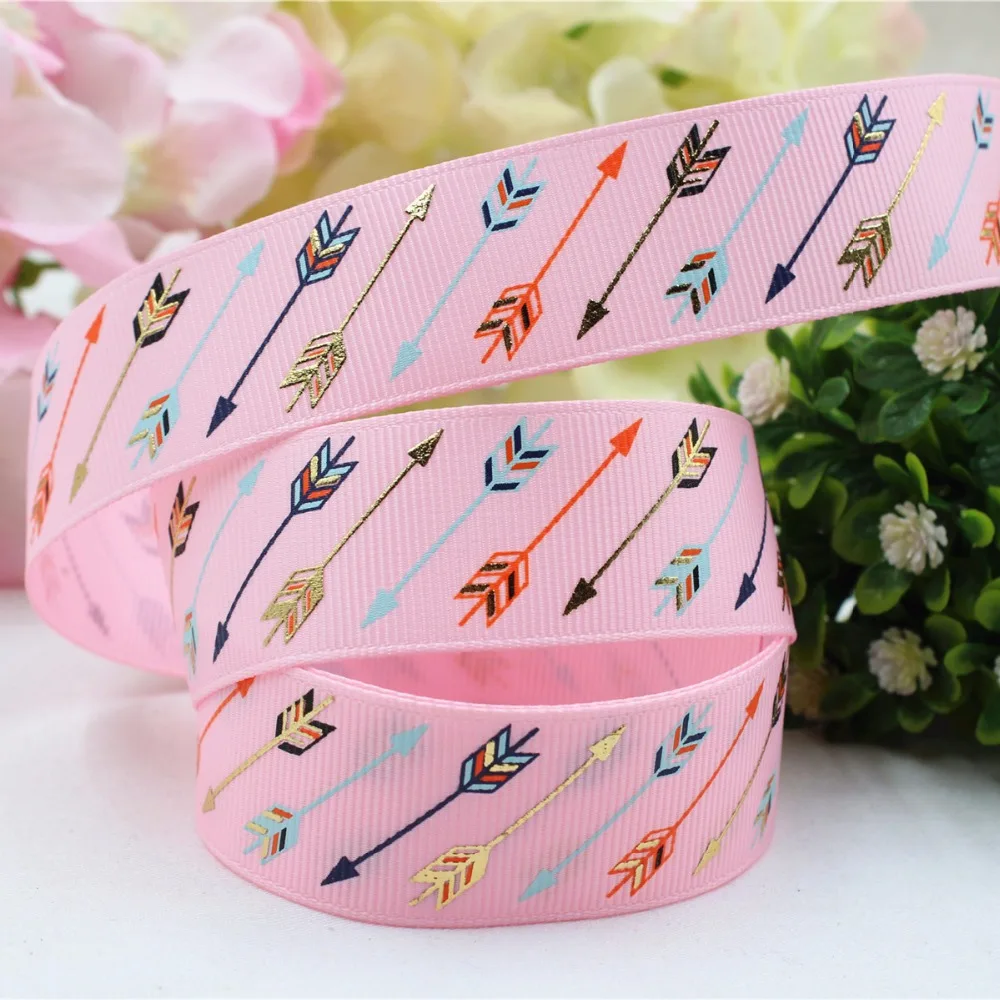 165423, 25 мм стрелка Горячая Цвет Золото Классический напечатанный grosgrain ленты, DIY handmadeHair Аксессуары материал свадебный подарок обертывание