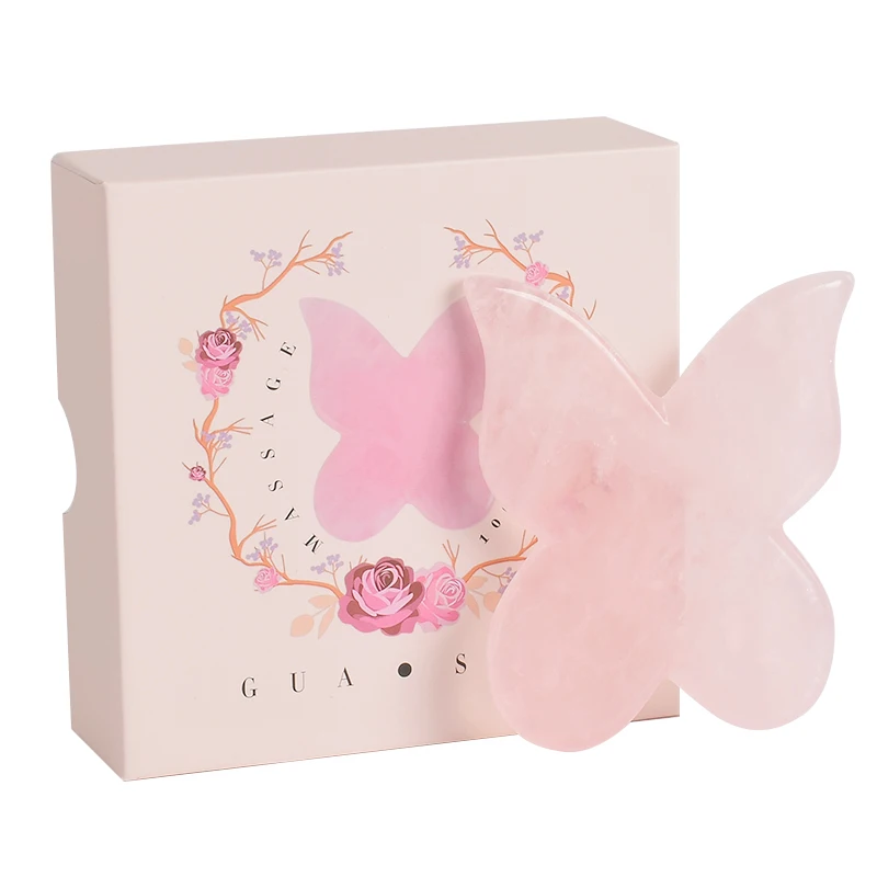 Натуральный розовый кварц бабочка Gua Sha+ Подарочная коробка спа скребок для иглоукалывания массажный инструмент для лица массаж спины ног