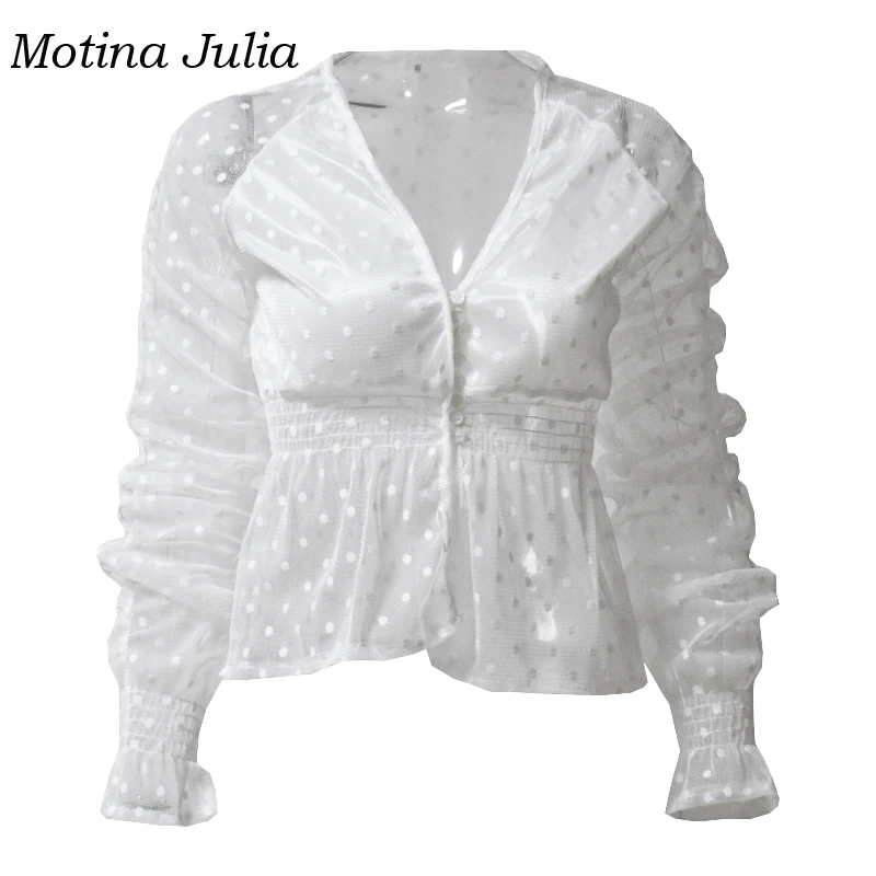 Motina Julia sexy see through lace blouses shirt women v neck dot mesh blusas female party clubwear tops |