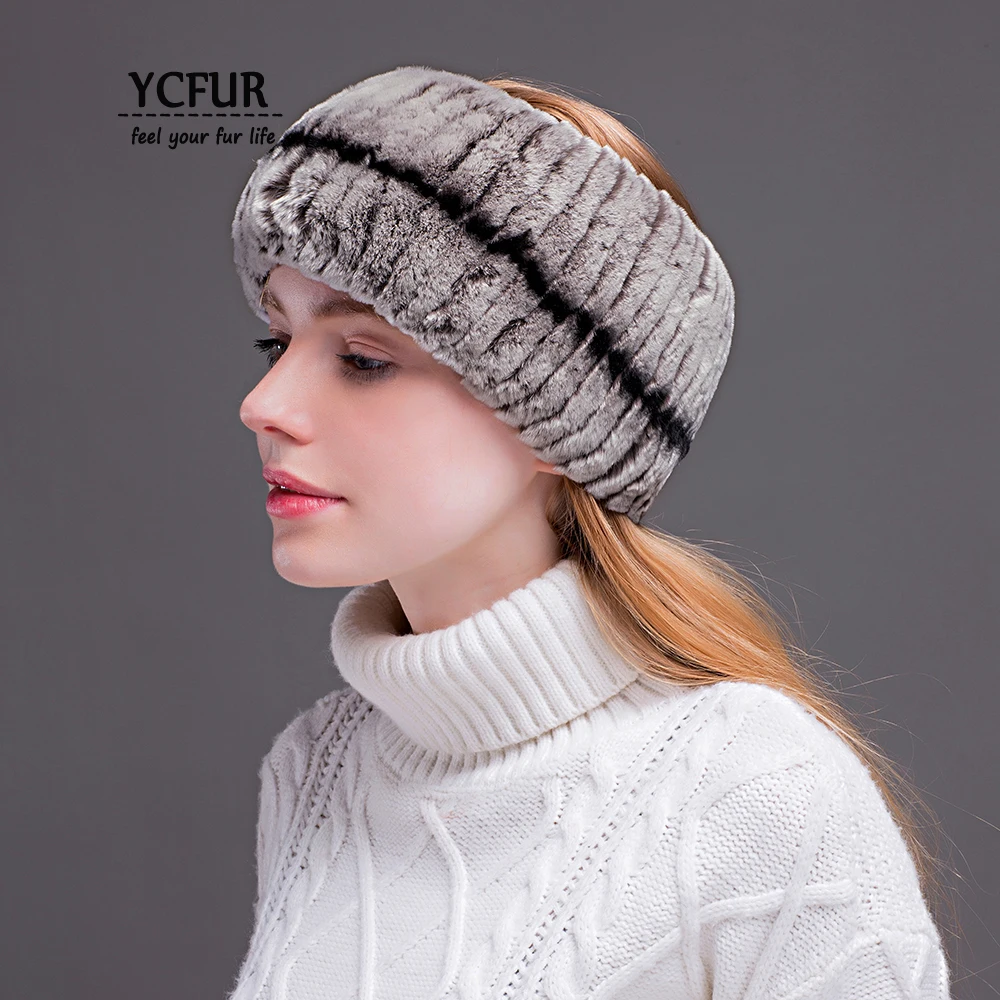 

YCFUR Women Hairbands Winter Stripes Real Rex Rabbit Fur Headband for Ladies Natural Fur Neck Warmer Scarf Hair bands Ladies