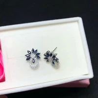 2018 new fashion sapphire earrings 100 natural dark blue stud earring for woman 925 solid sterling silver jewelry gift for girl