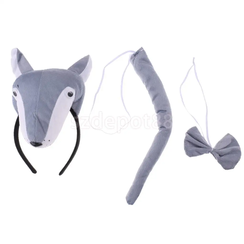 Kids Wolf Costume Set Accessory Headband Tails Bow Tie Fancy Dress Role Play Birthday Party Gift | Тематическая одежда и