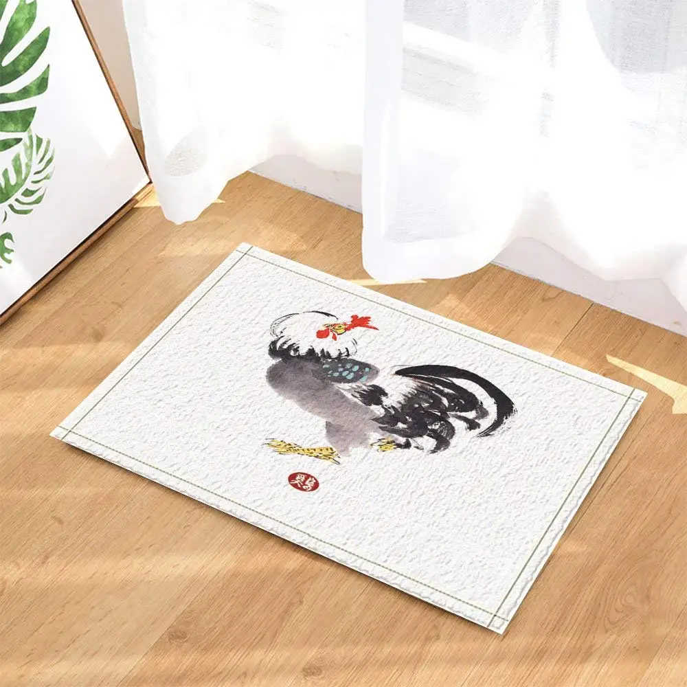 Carpet Kitchen Mats For Floor Mat Traditional China Drawing Decor Watercolor Rooster for New Year Bath Rugs Non-Slip Doormat | Дом и сад