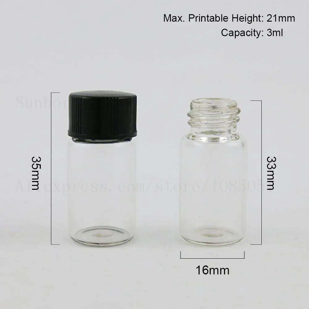 

Clear Empty Mini 3ml 3cc Glass Bottle with Plastic Black White Cap Lids Screw Neck Sample Cute Bottles Vials 500pcs