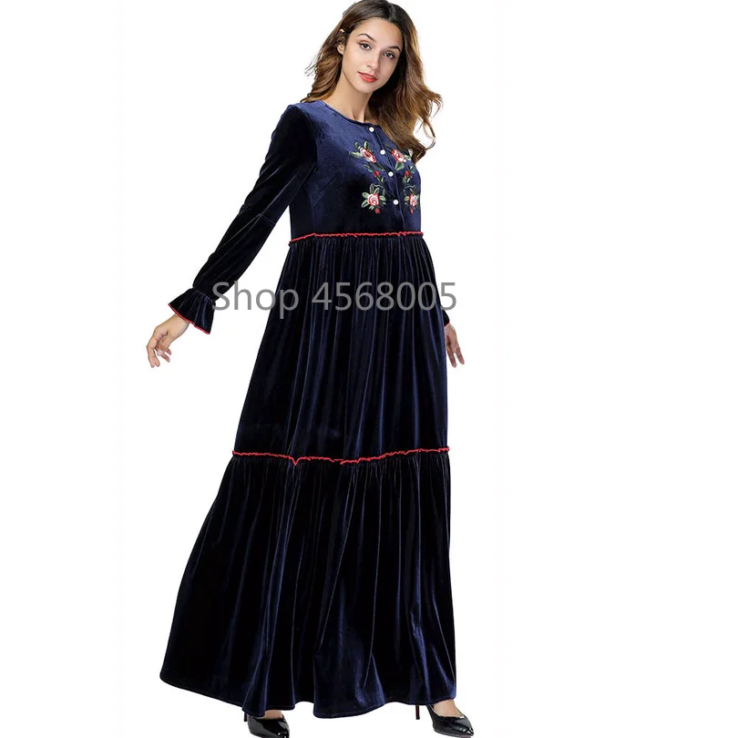 Бархат abaya s Вышивка темно-синие женские мусульманские платья плюс размер халат
