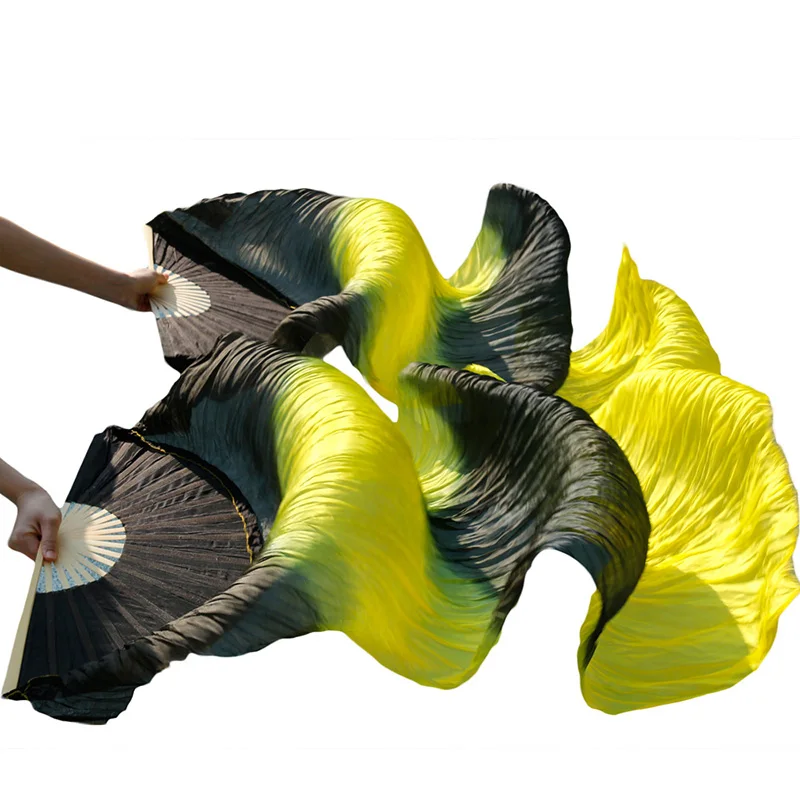 1 Pair Dance Fans Bamboo Ribs Natural Silk Stage Performance Props Dye Women Belly Fan black+yellow+black+yellow | Тематическая