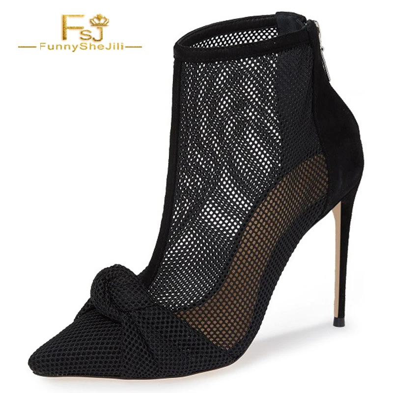 

Black Nets Bow Pointed Toe Stiletto Boots Ankle Boots Woman Shoes Ankle Boots Mesh Autumn 2021 FSJ Sexy Fashion Big Size US 16 9