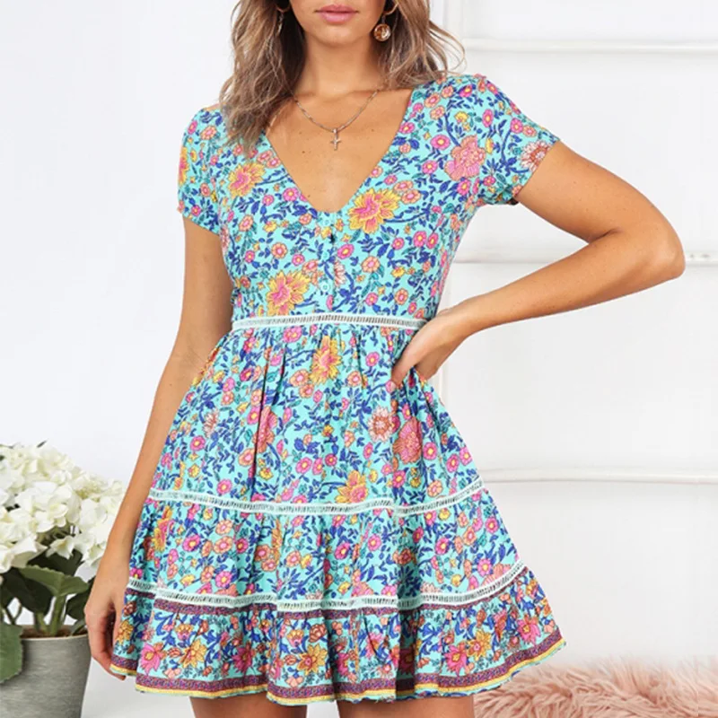 Сексуальное пляжное платье с v образным вырезом и цветочным принтом сезон весна