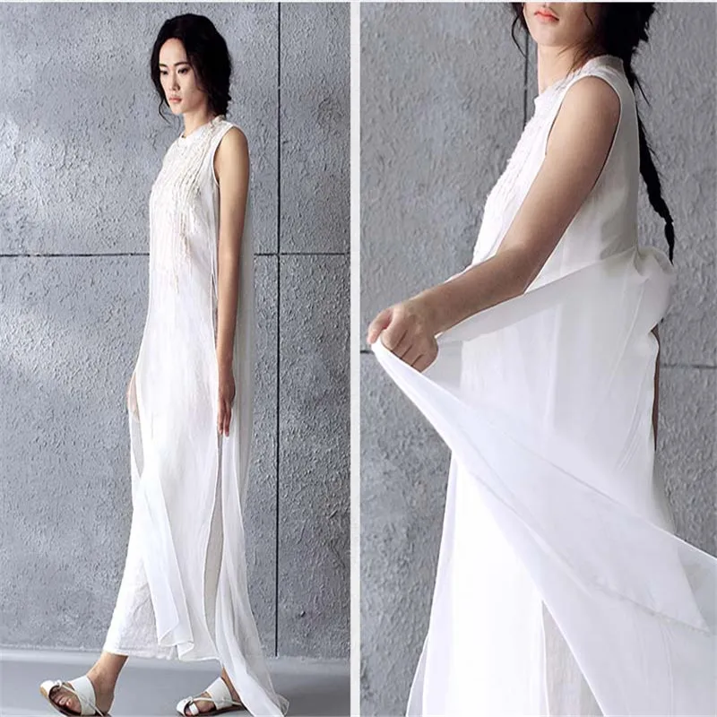 Женское длинное платье с круглым вырезом летнее белое хлопково льняное