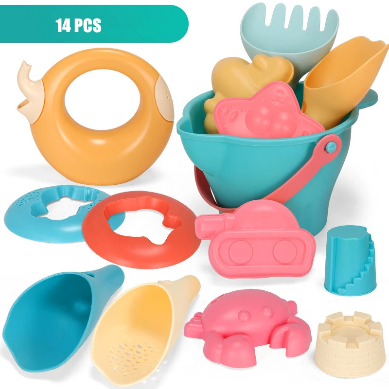 14pcs Детские летние пляжные игрушки, мягкая силиконовая песочница, набор, морской песок, ведро, инструмент, грабли, песочные часы, водный стол, игра, забавная лопата, форма, игрушка для ванны - Цвет: 14pcs