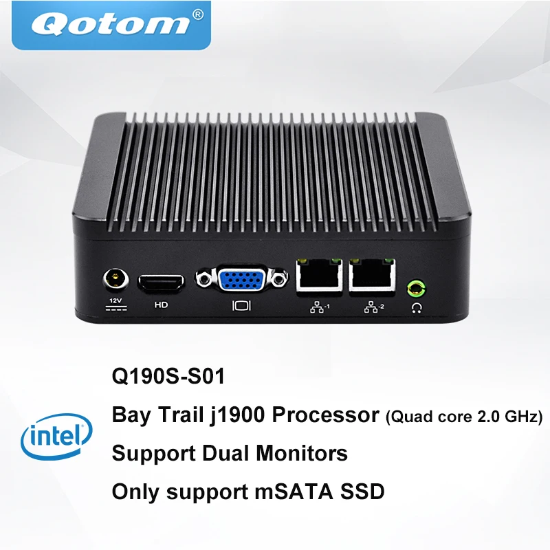 QOTOM мини-ПК Q190S с процессором BayTrail j1900, безвентиляторный двойной LAN мини-ПК четырехъядерный 2,42 ГГц