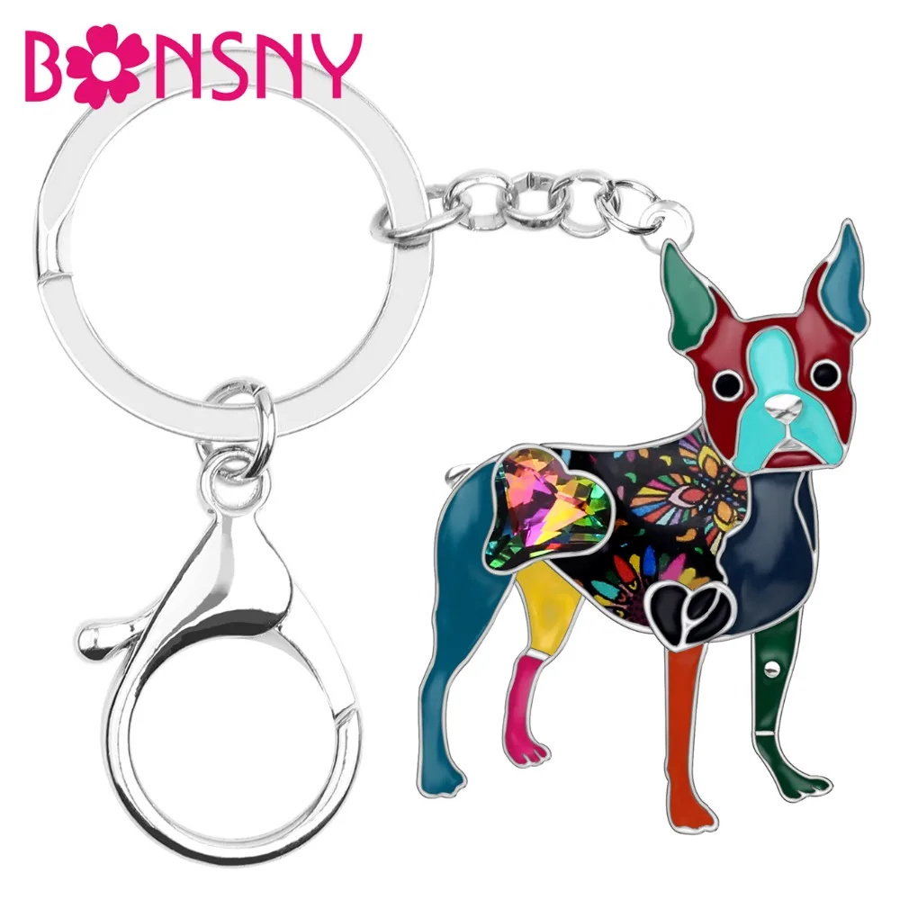 

Bonsny Enamel Alloy Rhinestone Crystal Boston Terrier Dog Key Chains Keychains Holder Animal Jewelry For Women Girls Bag Charms