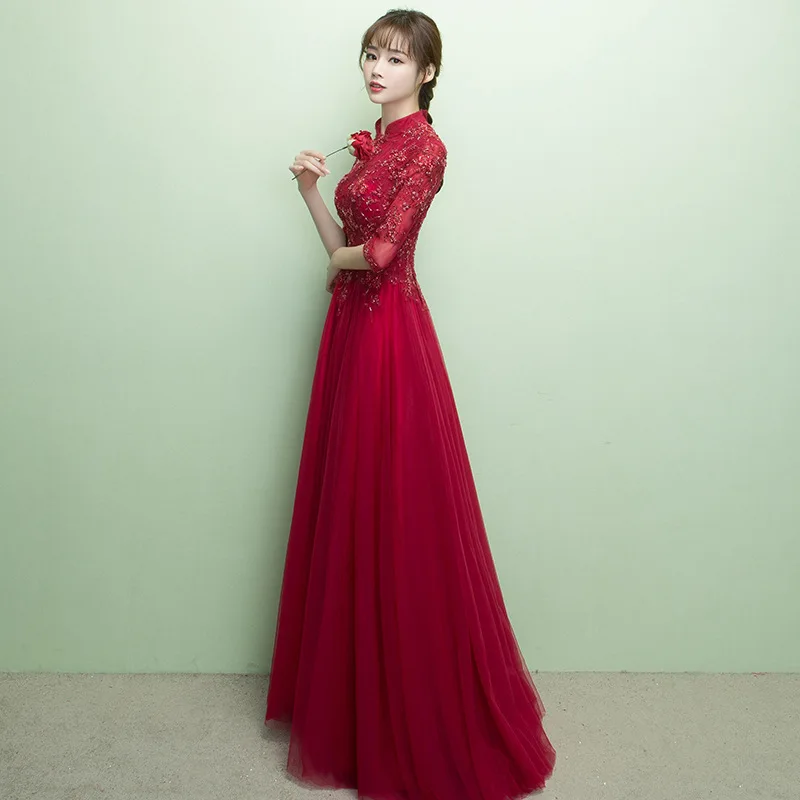 Bridesmaid Girls Wine Red Princess Prom Dress Elegant Women Wedding Qipao Retro Dressing Gown Chinese Tradition Evening Dresses |