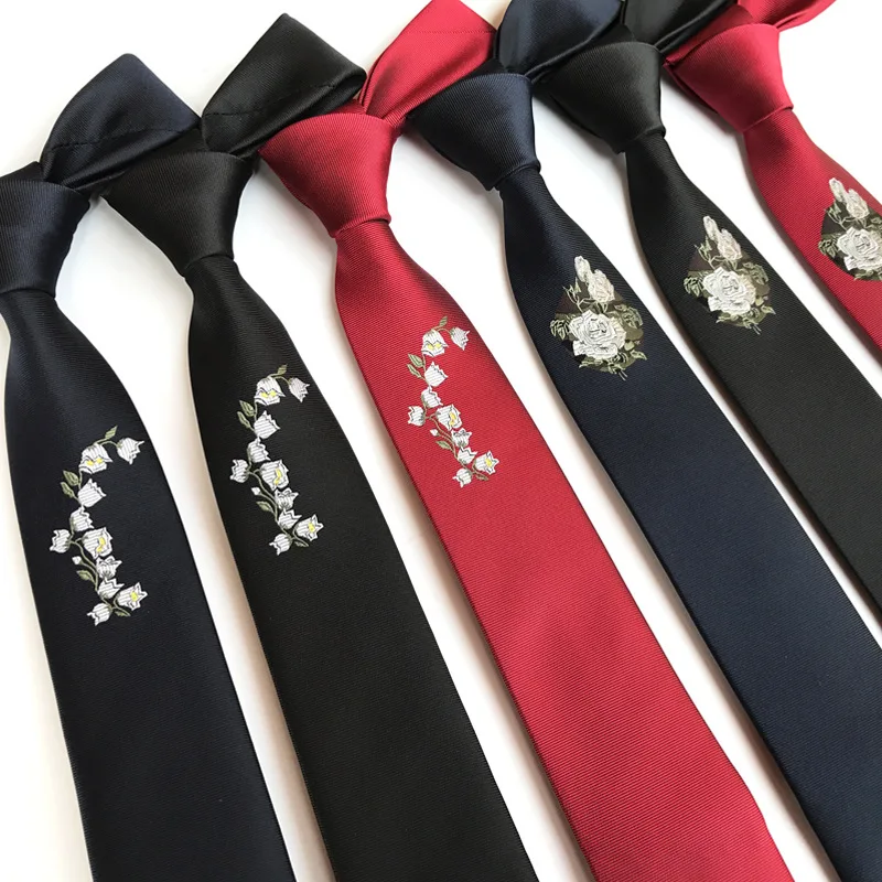 

2021 New High-End Narrow Rose Embroidery Tie 6cm Korean Fashion Magnolia Embroidery Tag Tie Fashion New Design