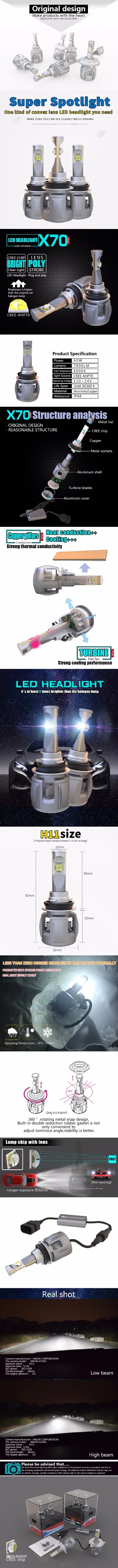 1 комплект H8 H9 H11 120W 15600LM XHP-70 объектив чипы X70 Автомобильный светодиодный фар переднего света лампы H4 H7 9005/6 HB3/4 9012 D1S/D2S/D3S/D4S 6K