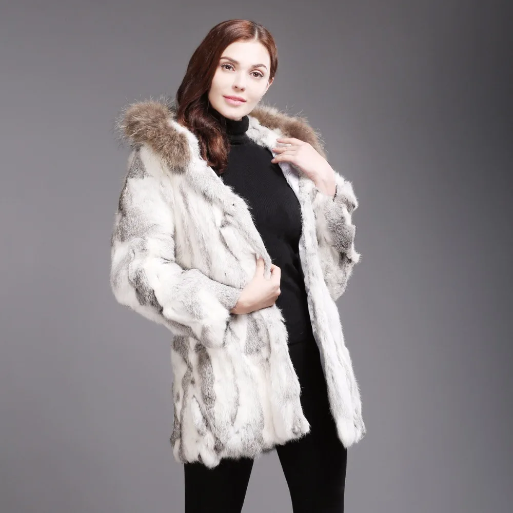 2021 New Women Real Rabbit Fur Coat Winter Warm Long Jacket Raccoon Collar Hooded Sleeve Clothes | Женская одежда