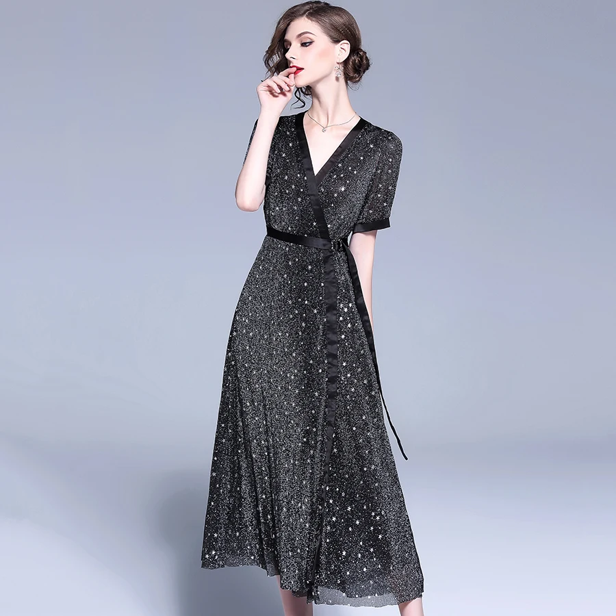 2019 Spring Fashion Long Dresses Women Short Sleeve V-Neck Star Print Vintage Wrap Casual Dress Elegant A-Line Vestidos De Festa | Женская