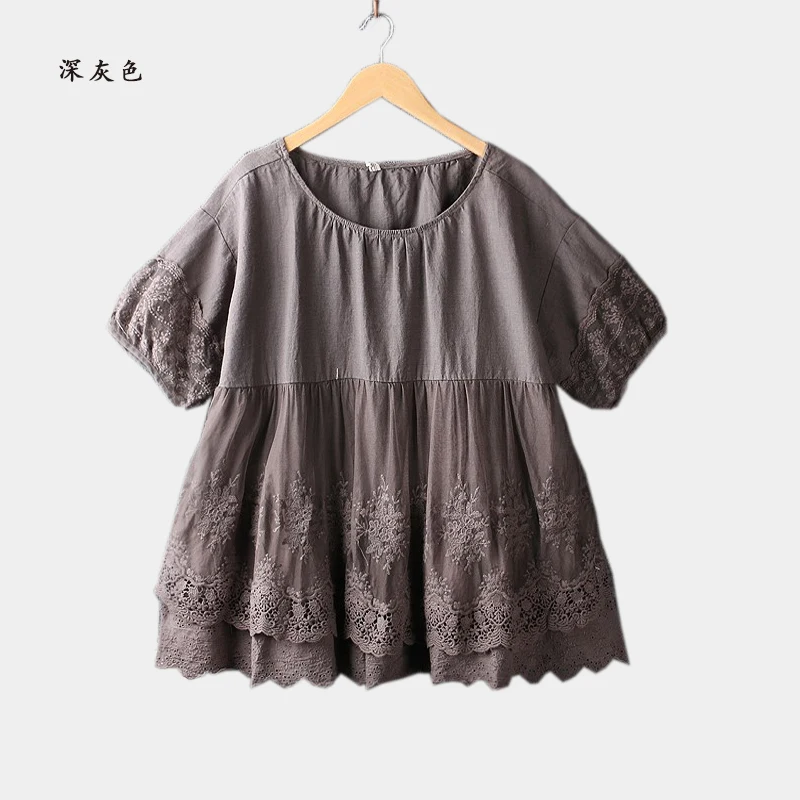 Lolita Water Soluble Lace Embroidery O-Neck Short Sleeve Doll Shirt Blouse Female | Женская одежда