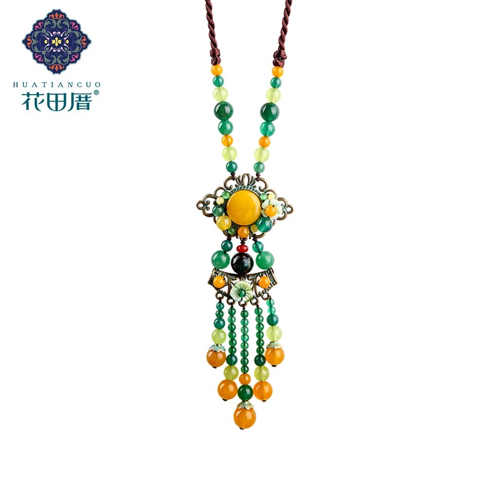 

Ethnic Handmade Tassel Round Stone Yellow Stone Bead Yellow Green Stone Bead Rope Chain Colored Glass FemaleAccessories CL-17130