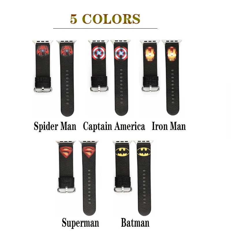 Cartoon Style Leather Bracelet Strap For Apple Watch Band 7 6 5 4 41mm 45mm 44/40mm Marvel Heroes For iWatch series 3 2 42/38mm