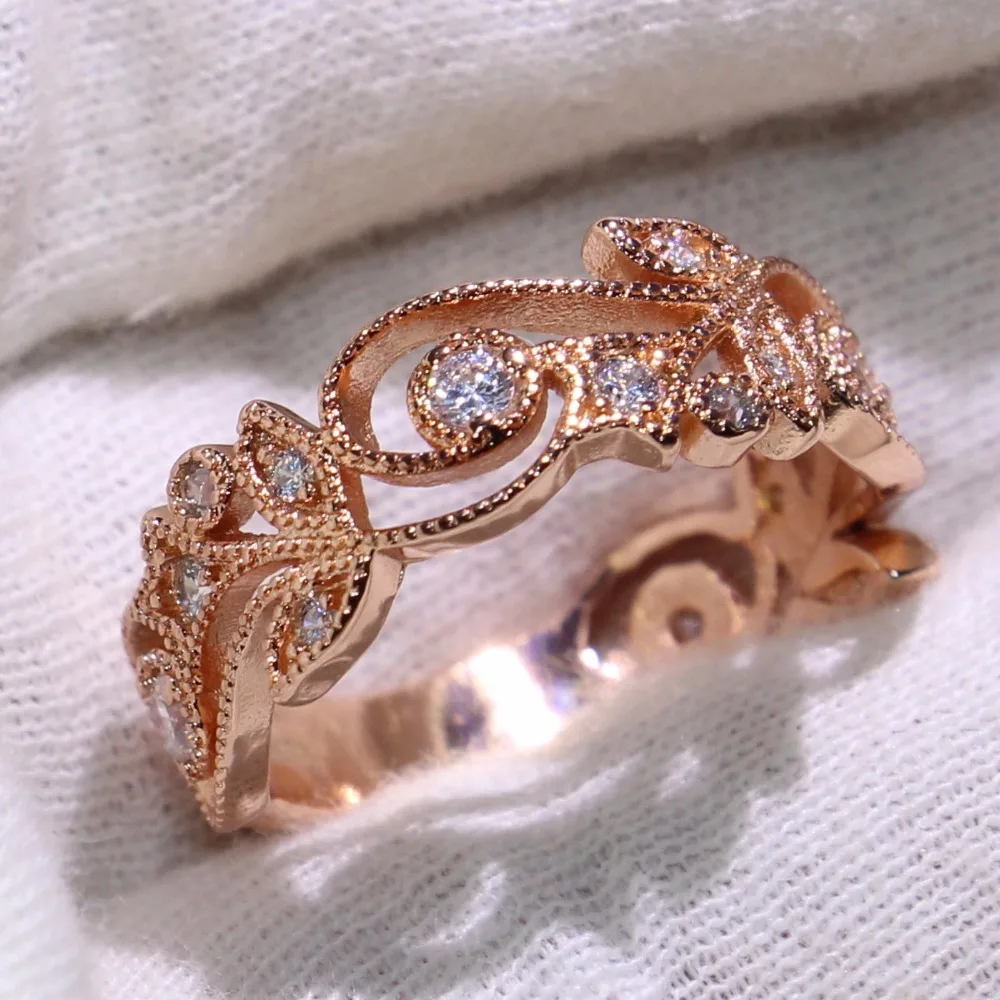 

Wholesale Brand New Luxury Jewelry 925 Sterling Silver Rose Gold Filled AAA CZ Zirconia Party Women Wedding Flower Leaf Ring Set