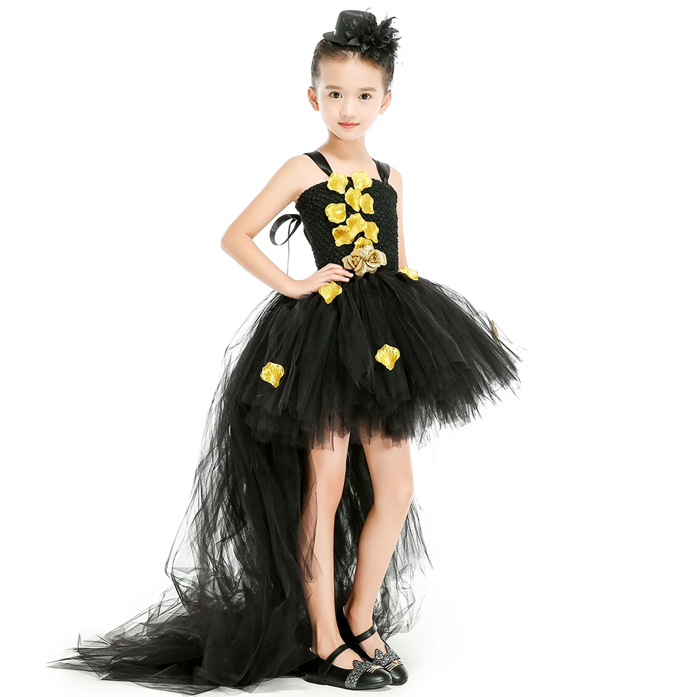 

Black Gold Christmas Halloween Baby Girls Dresses Gold Petal Tutu Dress with Train Tulle Cosplay Girls Dress Kids Party Dresses