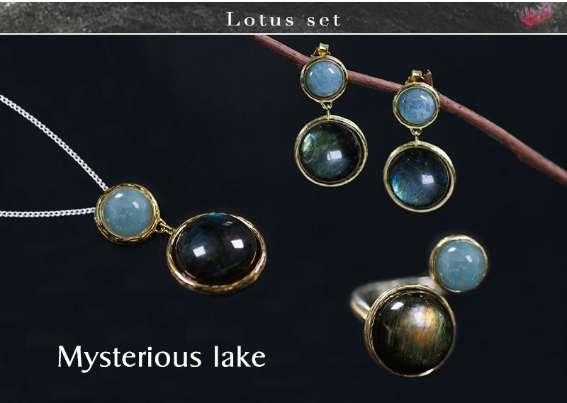 Lotus Fun реальные стерлингового серебра 925 натуральный Лабрадорит лунный камень ручной работы ювелирных украшений таинственный озеро кольца для женщин