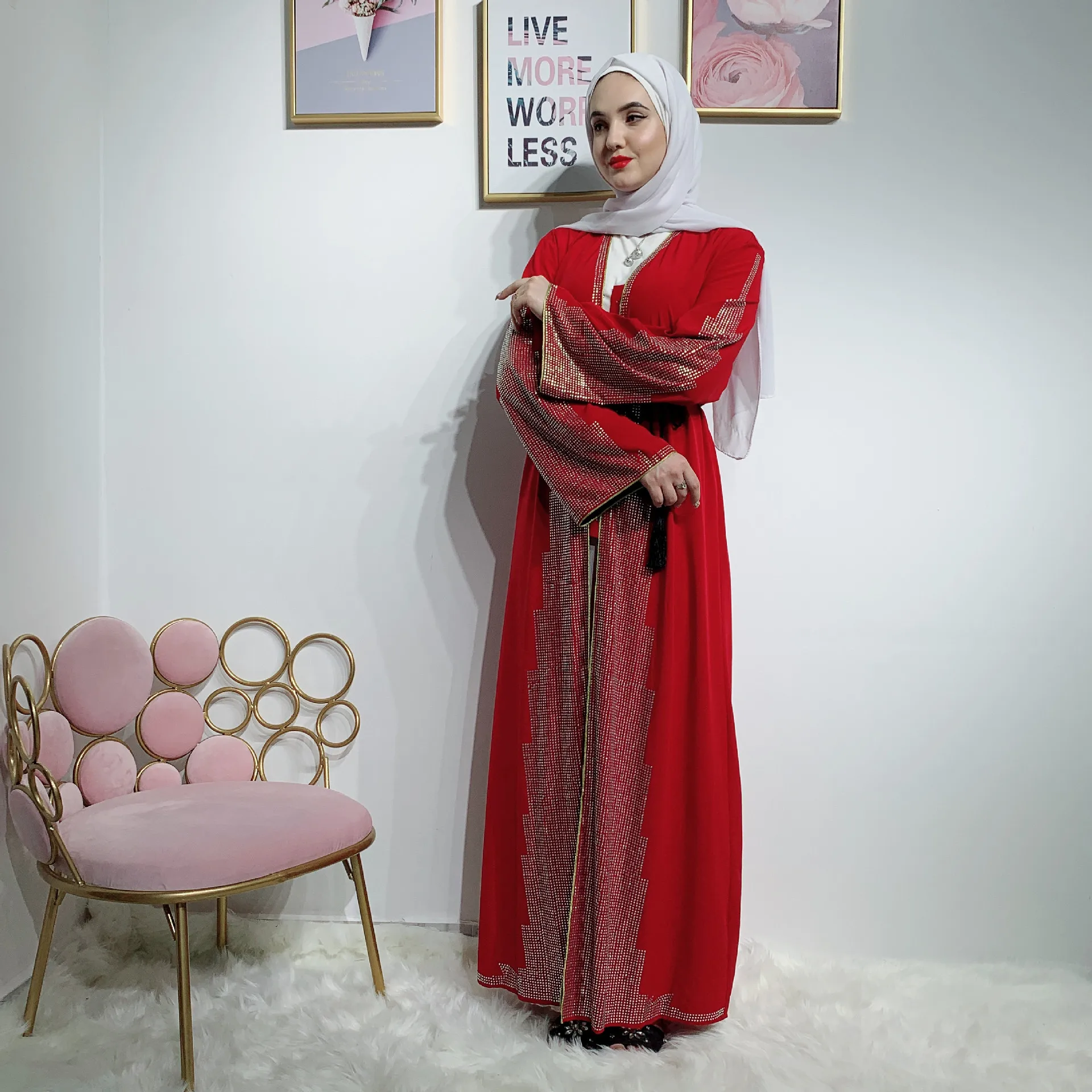 Женское кимоно с блестками Abaya мусульманское платье кафтан бриллиантами одежда в