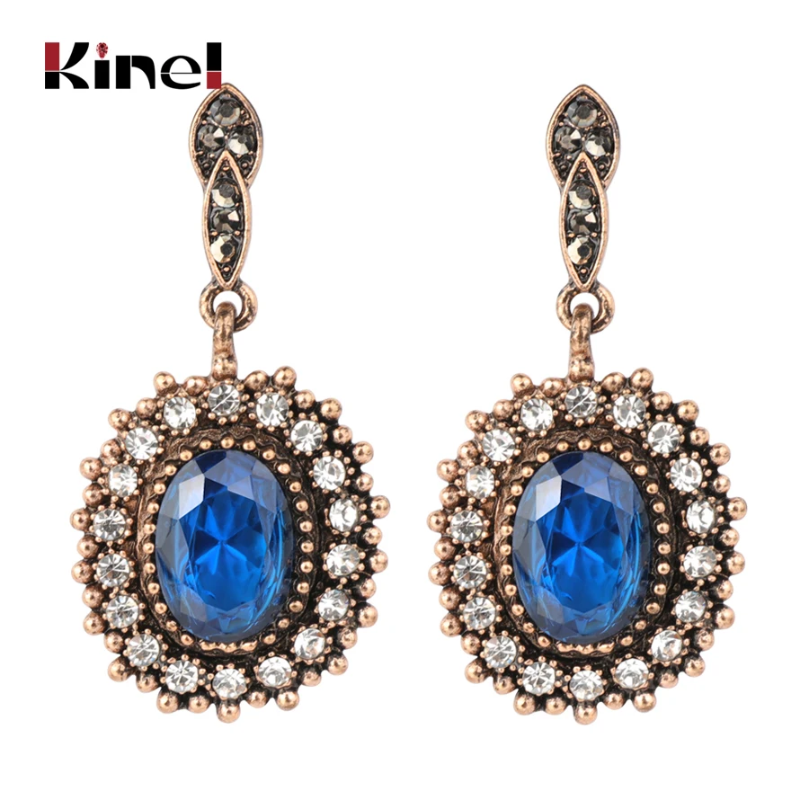 

Kinel Hot Big Oval Blue Drop Earring For Women Antique Gold Color AAA Crystal Vintage Engagement Jewelry Wholesale 2018 New