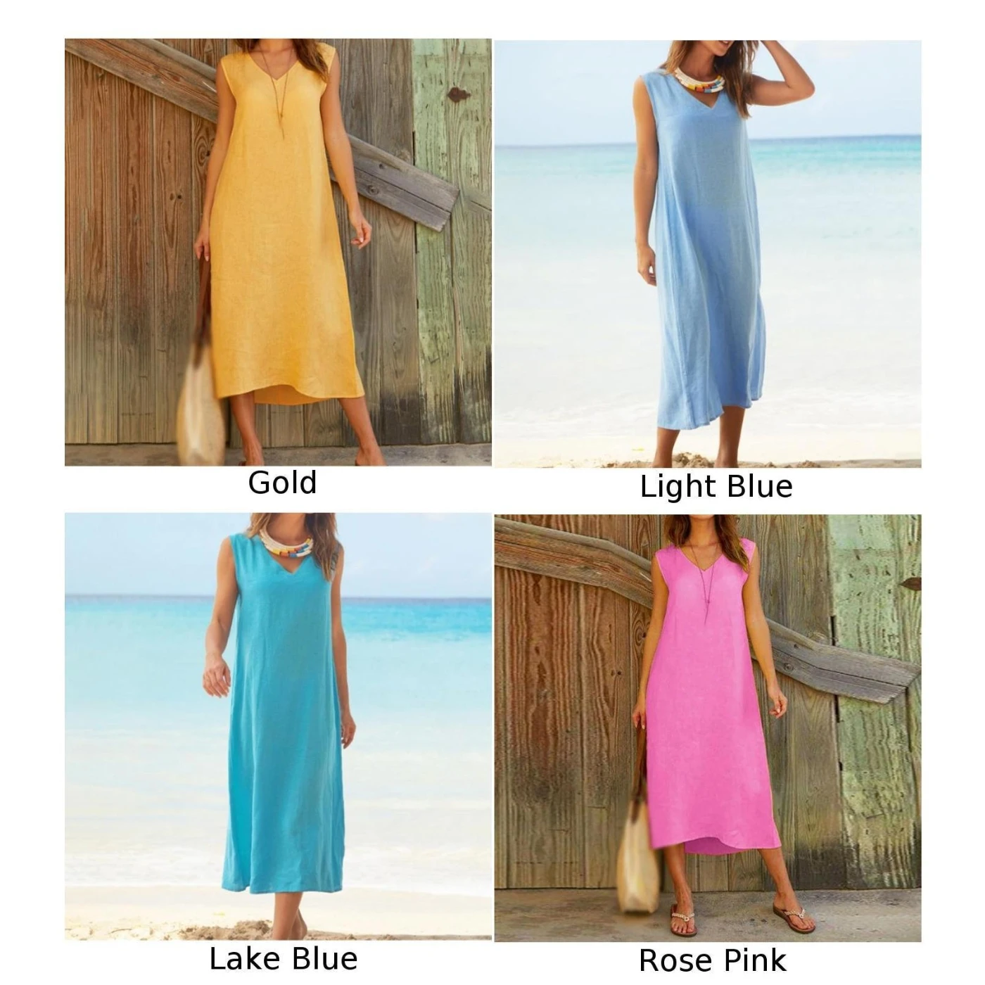 2019 New Ladies Fashion Sexy V-Neck Sleeveless Solid Color Boho Beach Casual Long Shirt Dress | Женская одежда