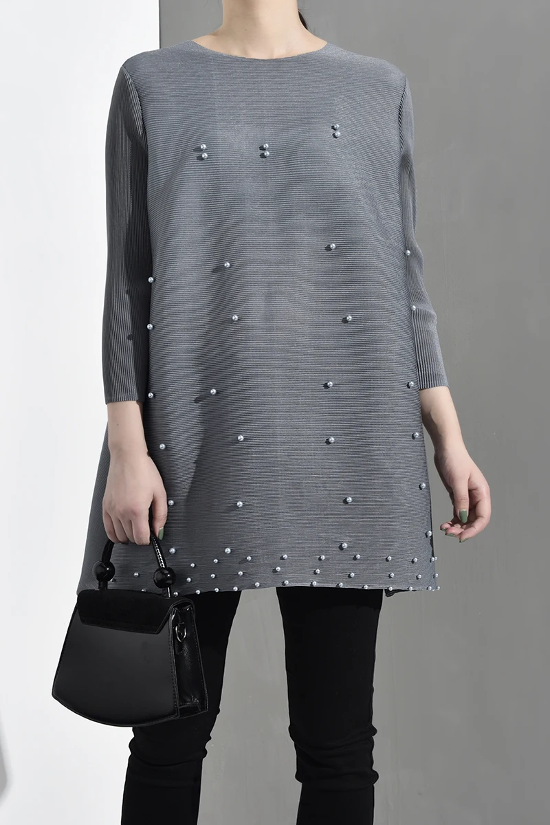 LANMREM Новая модная женская рубашка с длинными рукавами женские толстовки Vestido с круглым вырезом с длинными рукавами плиссированная рубашка с жемчугом NA94806 - Цвет: Gray