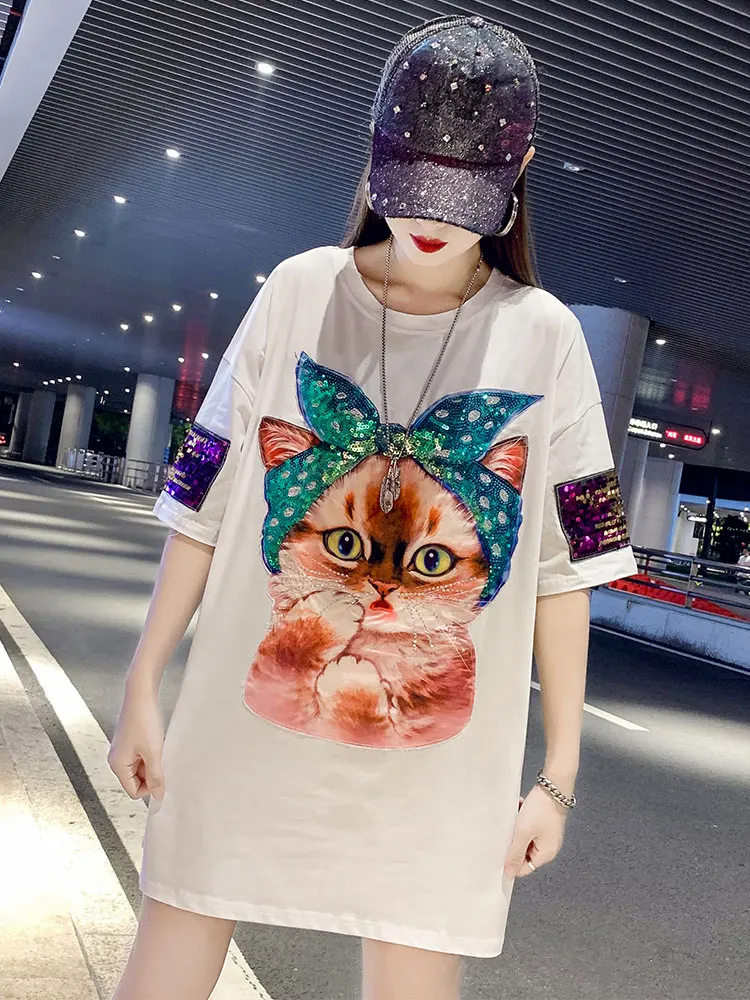 Блестящая Тяжелая футболка с блестками Женская свободная длинная вышивкой юбка